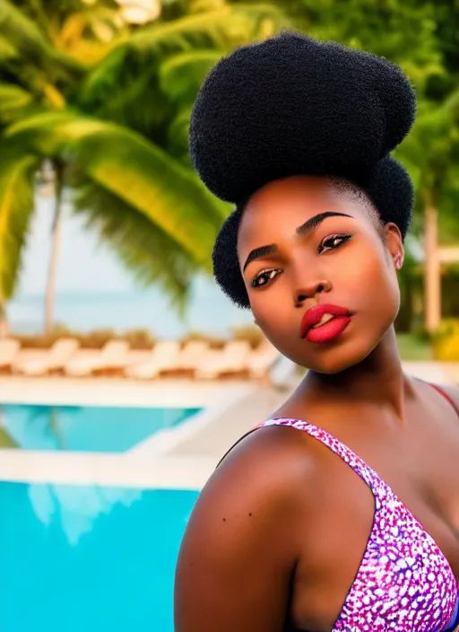 Image similar to a plump afro girl on the edge of the pool in a galographic swimsuit, a swimsuit with a lock on the chest, afro pigtails hairstyle, sunset mood, vogue style, composition, perfect composition, medium close - up ( mcu ), cannon ef 6 5 mm f / 2. 8 8 k