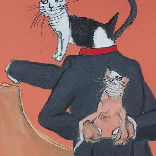 Image similar to a detailed portrait painting of a man with a cat on his back by gerald scarfe