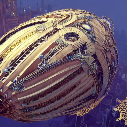 Prompt: enormous flying city in a faberge egg, sky, steampunk, fantasy art, masterpiece, unreal engine, intricate, intricate, intricate