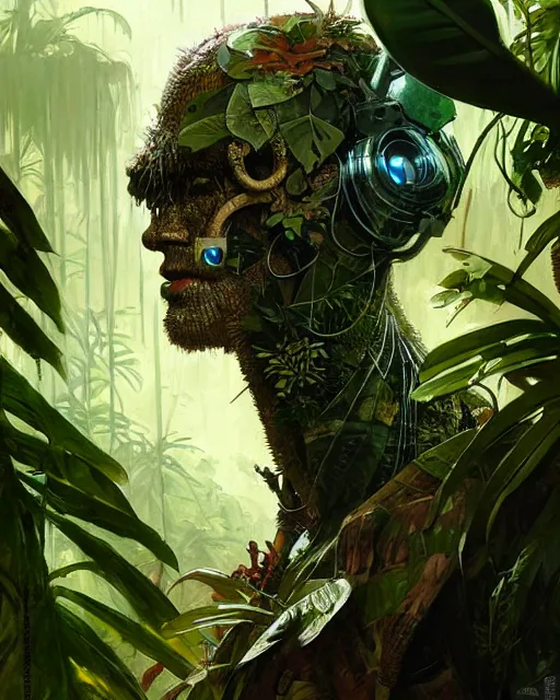 Prompt: camouflaged assassin robot portrait among jungle leaves, pulp character portrait, ultra realistic, concept art, intricate details, highly detailed by greg rutkowski, gaston bussiere, craig mullins, simon bisley