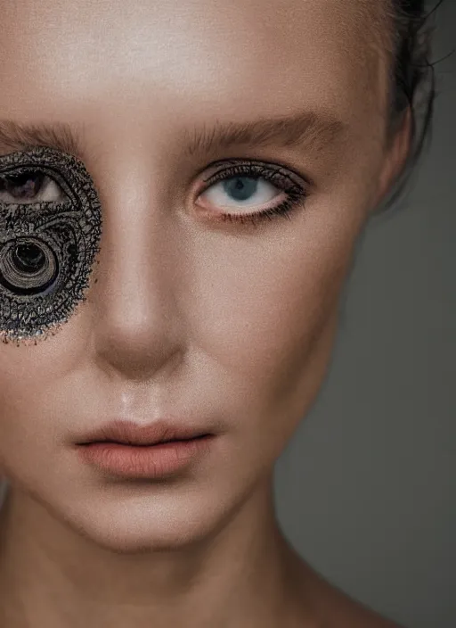 Prompt: a portrait of a woman by justin ridler with reflections in her eye, intricate clothing