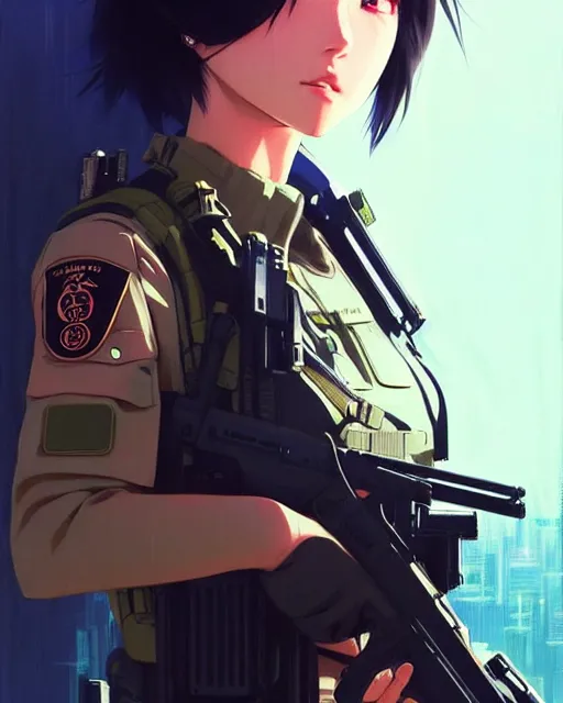 Image similar to girl wearing tactical gear | | very very anime!!!, fine - face, audrey plaza, realistic shaded perfect face, fine details. anime. realistic shaded lighting poster by ilya kuvshinov katsuhiro otomo ghost - in - the - shell, magali villeneuve, artgerm, jeremy lipkin and michael garmash and rob rey