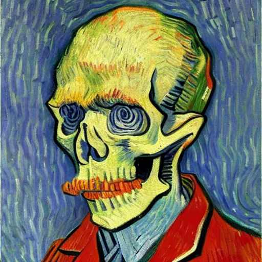 Image similar to detailed expressionist oil painting portrait by van gogh of a skeleton in a suit, a tall formal skeleton in suit and tie, expressionist portrait, color scheme of greys and whites, 8 k resolution, smooth, sharp focus