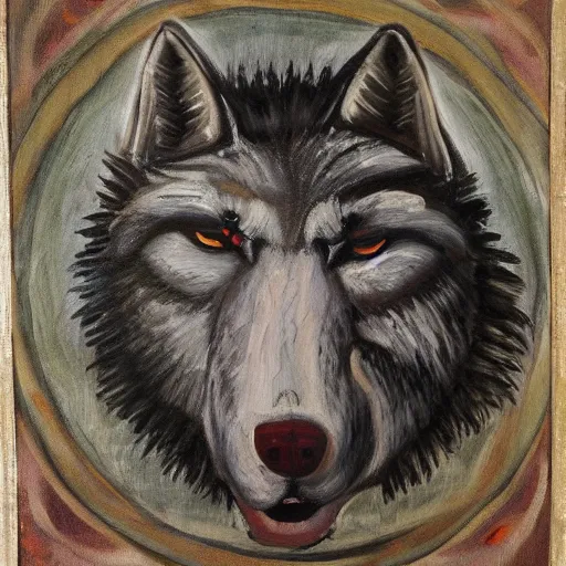 Prompt: of a painting of a wolfs head in the sky in style of beksinki