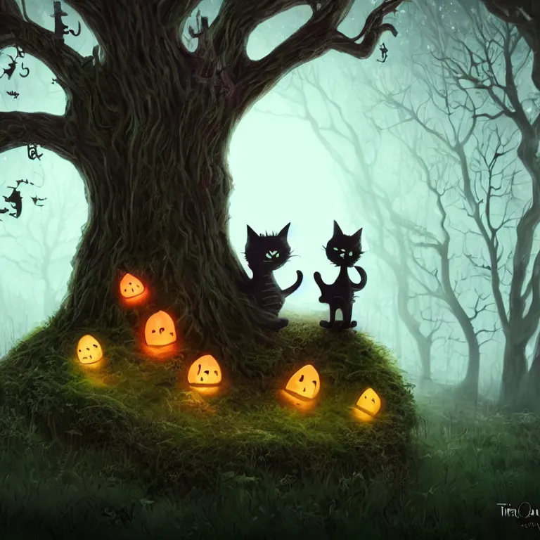 Prompt: 2 cute but spooky cats sitting next a large tree in the middle of a gothic graveyard, warm, glowing lights, tim burton style, trending on artstation, 8 k,