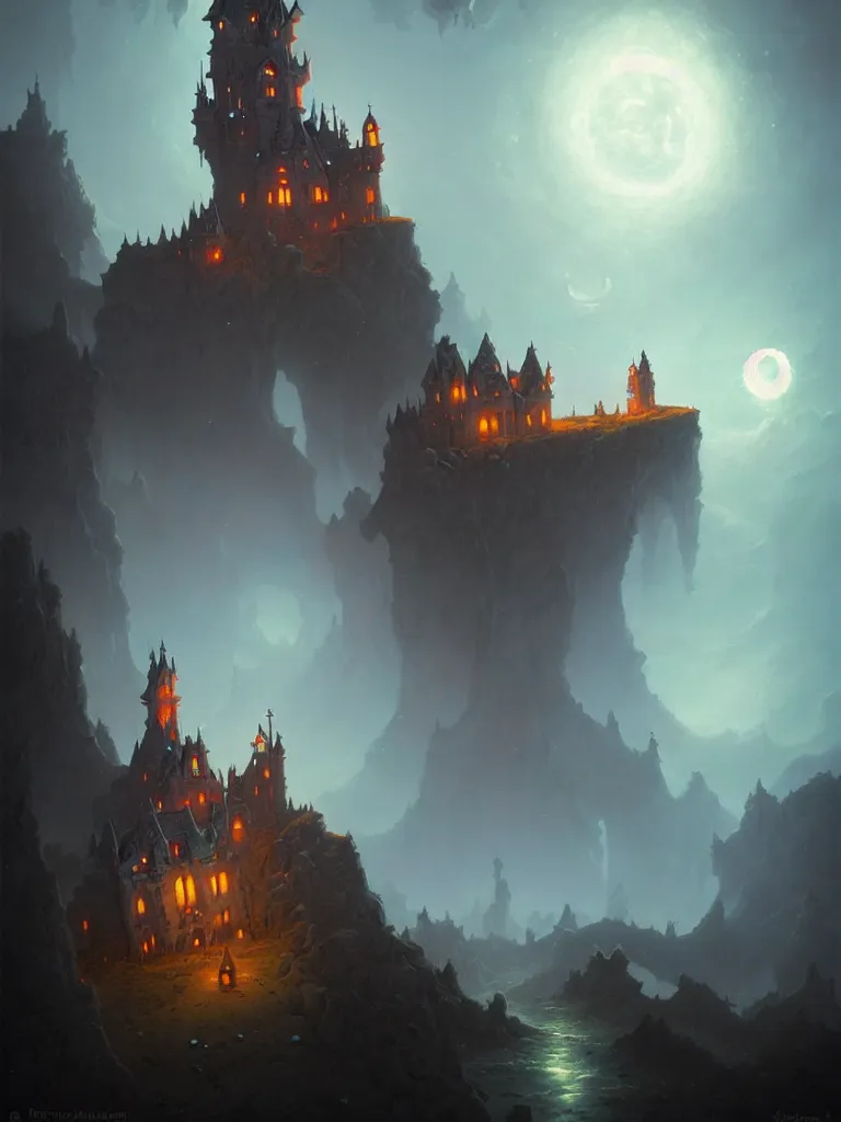 Prompt: a necromancer's magical castle on a cliff by peter mohrbacher, moonlight, fantasy art