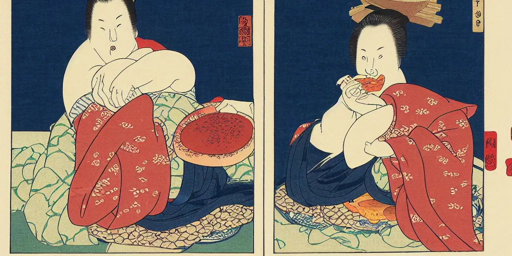 Prompt: ukiyo - e woodblock print of an obese middle aged american woman eating a hamburger, by hokusai