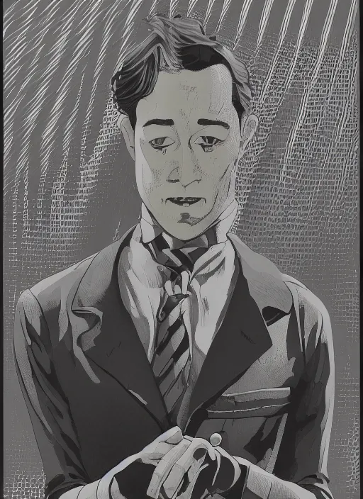 Prompt: artwork by Michael Whelan, Bob Larkin and Tomer Hanuka, of portrait of Joseph Gordon-Levitt wearing a 1920s red striped outfit, from scene from Twin Peaks, simple illustration, domestic, nostalgic, from scene from Twin Peaks, clean, full of details, by Makoto Shinkai and thomas kinkade, Matte painting, trending on artstation and unreal engine