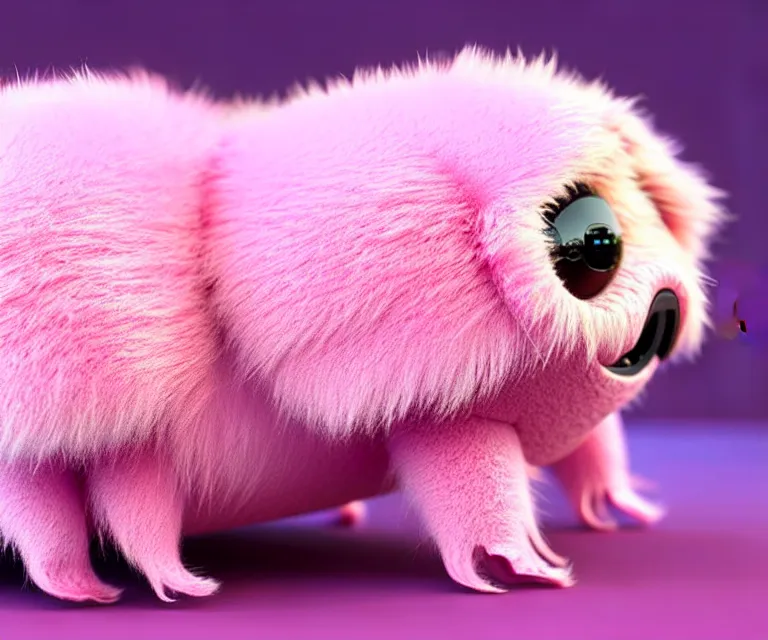 Image similar to high quality 3 d render hyperrealistic very cute small tardigrade, plush mascot, short spiky dense fluffy smooth hair, photo from the side, pink fluffy fur, 1 5 0 mm, beautiful natural soft light, rim light, vray, smooth background, artstation, ultra detailed