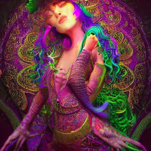 Image similar to psychadelic witch, hyper detailed, flowing psychadelic background intricate and detailed, ornate 8 k gorgeous intricate detailed, octane render