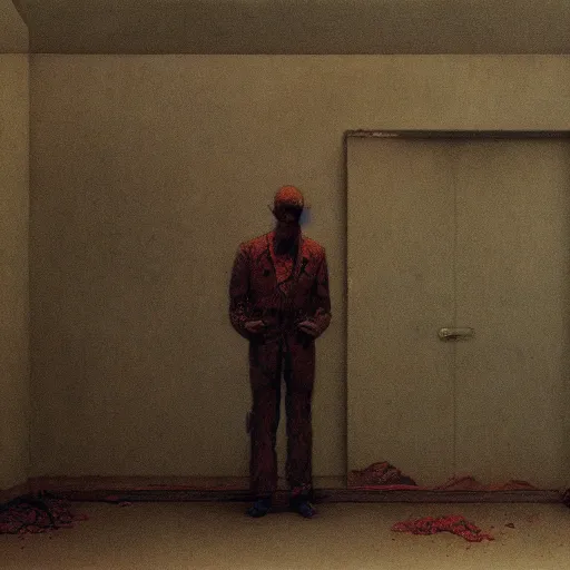 Image similar to depressed fbi agent in a run down motel room, beksinski, wayne barlowe, very coherent symmetrical artwork, cinematic, hyper realism, high detail, octane render, 8 k