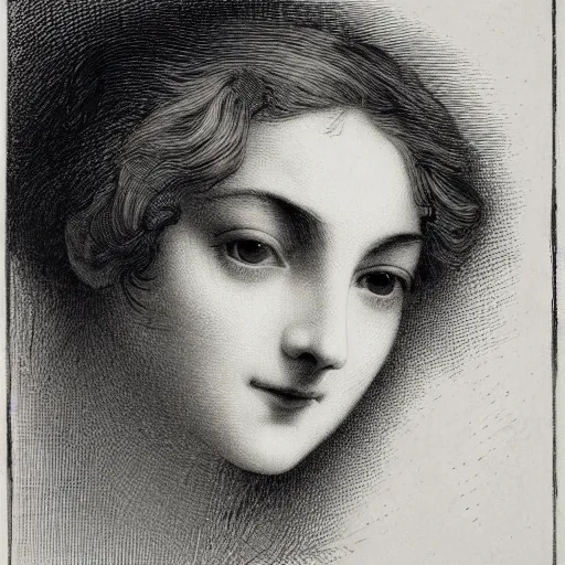 Image similar to extreme close-up, black and white, portrait of a young french woman, marie laforet, Gustave Dore lithography