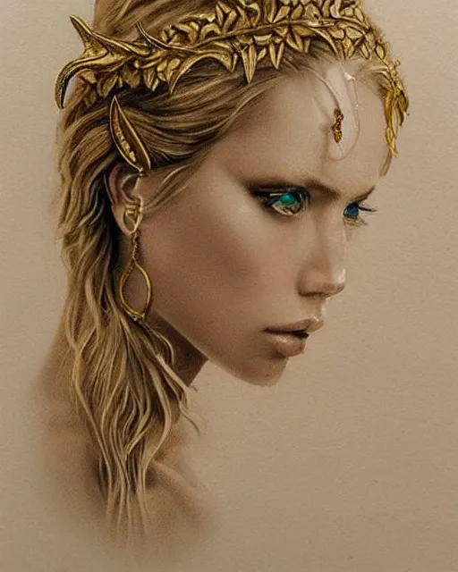 Image similar to tattoo sketch of blonde super model aphrodite greek goddess wearing a gold laurel wreath and triangle earrings, beautiful piercing gaze with sharp pupils, in the style of greg rutkowski, fantasy, amazing detail, epic, elegant, smooth, sharp focus, front view