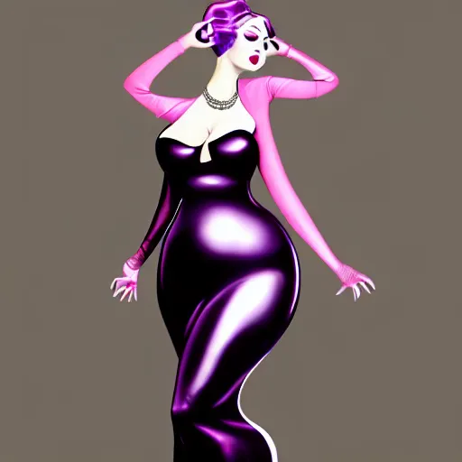 Image similar to curvy feminine hot goth woman with dignified elaborate tight purple-black-silver nylon and latex ballroom gown, black choker necklace, amorous posture, shiny lipstick, photorealistic, cgsociety, sublime, 16k, smooth, sharp focus, ArtStation, hyperdetailed, volumetric lighting