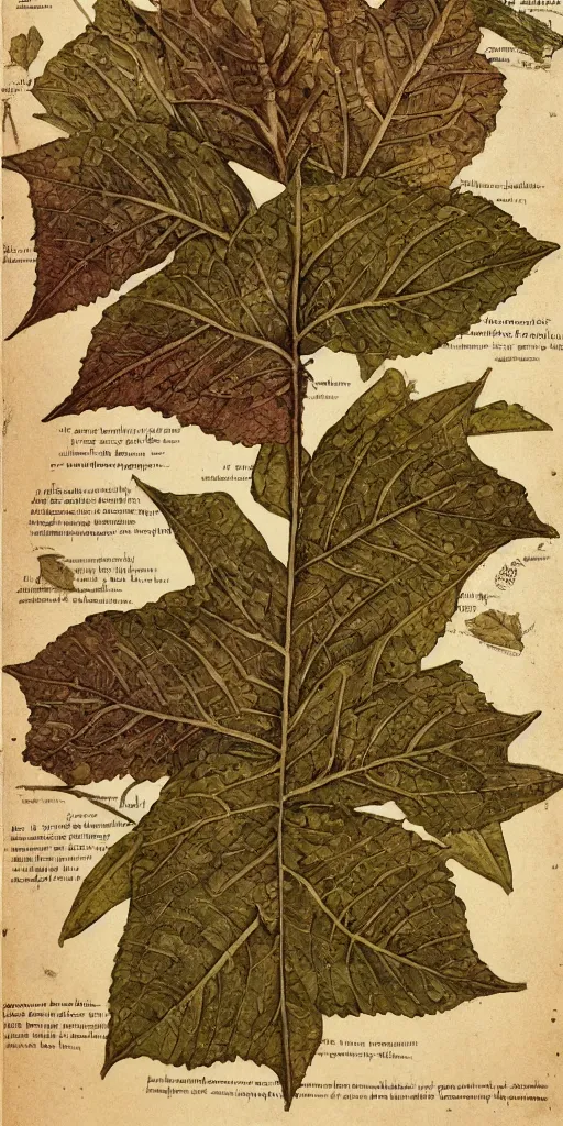 Image similar to scan of the leaves of an old cursed herbarium, by john howe, infographic, textbook, marginalia