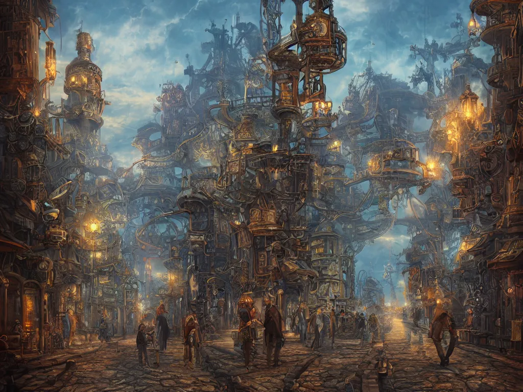 Prompt: sugarloaf mountain in a steampunk style, travelers walking the streets, 8 k resolution, by hugh ferris and john smith and noriyoshi ohrai, polished, fine detail, intricate, blue color scheme, steampunk style, smooth, octane, concept art, trending on artstation