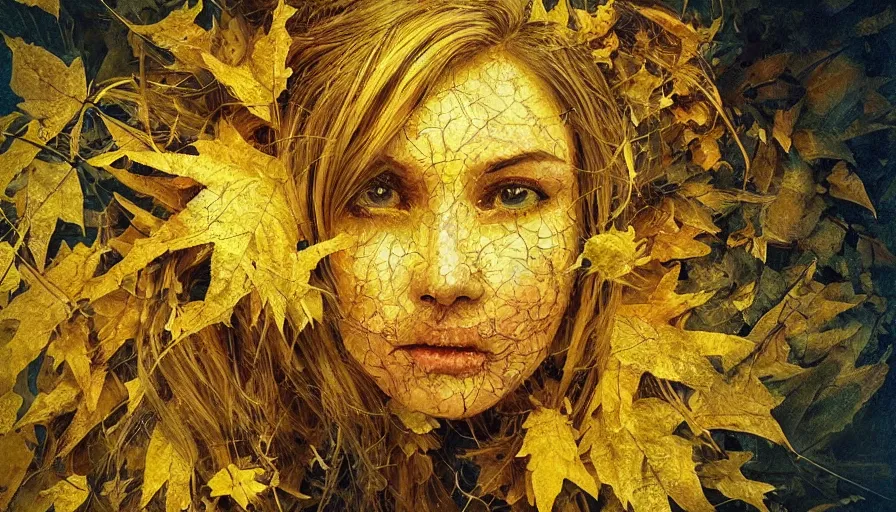 Image similar to golden leaves at frame border, creative!!! composition for a book cover!!!, absurdly beautiful, ultrafine hyperrealistic detailed old!! witch face by wlop and max liebermann and albert bierstadt, intricate linework, sharp focus, smooth, octopath traveler, final fantasy, unreal engine, dramatic lighting, ethereal, 8 k