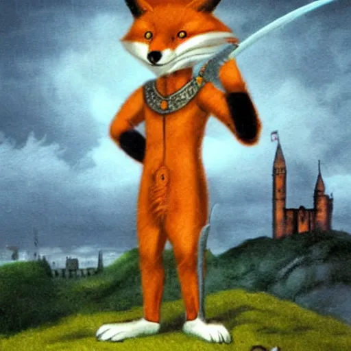 Image similar to anthropomorphic fox!! who is a medieval knight holding a swo - rd towar - ds a stormy thundercloud [ 1 9 3 0 s film still ], ( castle in the background )