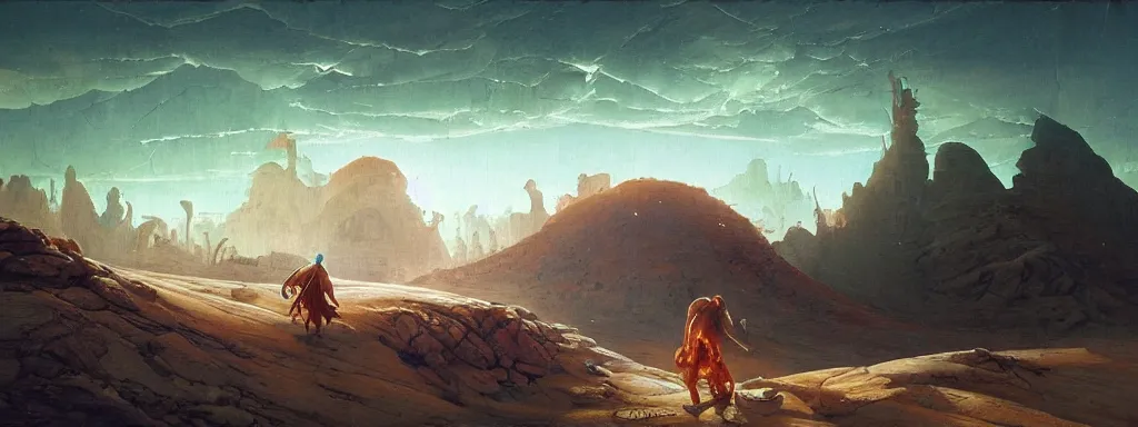 Prompt: A fresco painting of a nomadic wanderer traversing a corrupted futuristic crystal desert by Jacek Yurka, Kelly Freas, Filip Hodas, Paul Lehr, Dan Mumford, Max Ernst, Roger Dean, Caspar David Friedrich, Barclay Shaw