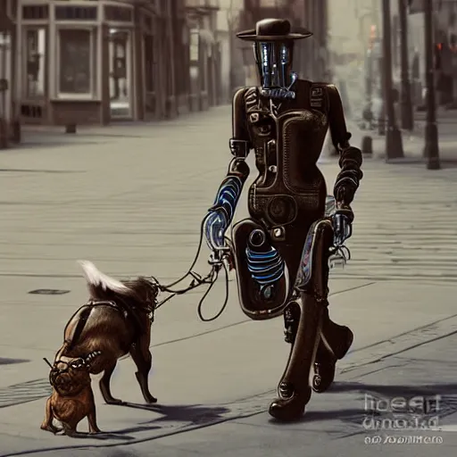 Image similar to steampunk robot walking his dog on the street photorealistic, cinematic, digital art