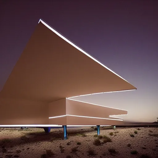 Image similar to optical illusion architecture in the desert at night, open space architecture, minimalistic architecture, neon light, james turrel,