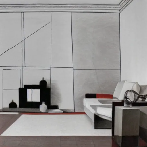 Prompt: a pencil drawing on a white living room wall style of sol lewitt modern architecture realistic