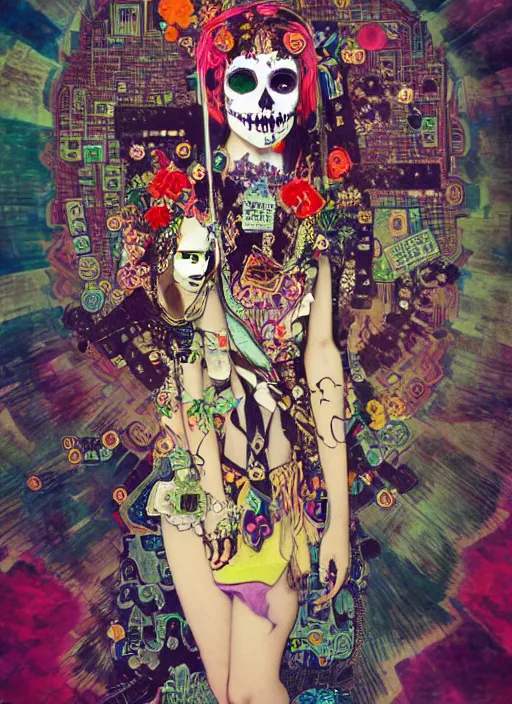 Image similar to cute punk goth fashion hippy fractal Día de los Muertos android girl wearing kimono made of circuits posing by Zhang Jingna, psychedelic poster art by Hannah Höch Käthe Köllwitz Victor Moscoso Rick Griffin Alphonse Mucha Edward Munch Ayami Kojima