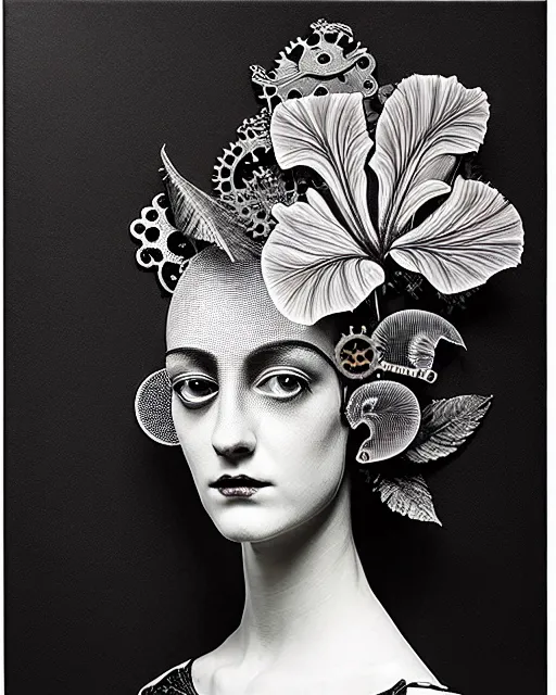 Prompt: masterpiece monochrome profile portrait painting, dutch masters, silver lace floral steampunk biomechanical beautiful one techno eye young female cyborg, big monocular, volumetric light, leaves foliage and stems, hibiscus flowers, by man ray, rim light, big gothic fashion pearl embroidered collar, 8 k