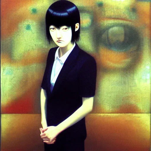 Image similar to yoshitaka amano blurred and dreamy realistic three quarter angle portrait of a young woman with short hair and black eyes wearing office suit with tie, junji ito abstract patterns in the background, satoshi kon anime, noisy film grain effect, highly detailed, renaissance oil painting, weird portrait angle, blurred lost edges