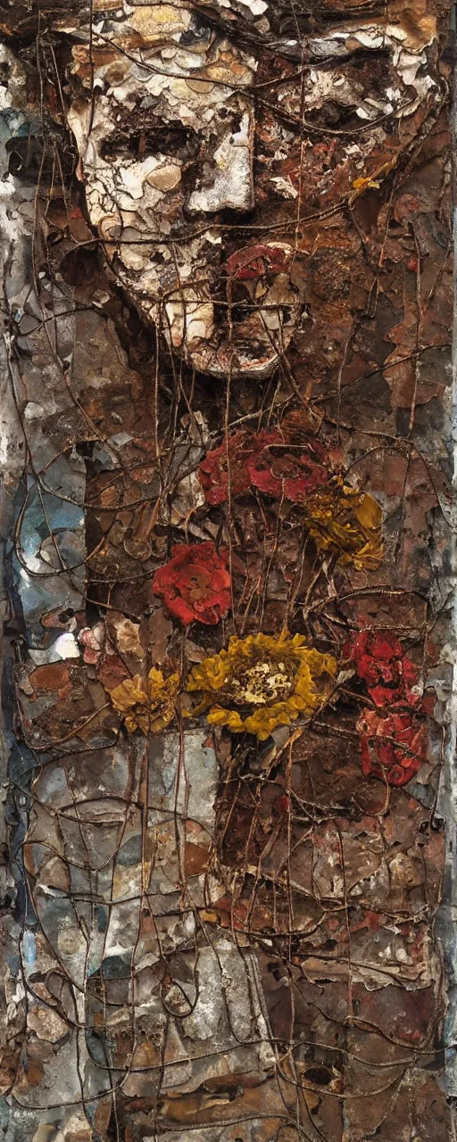 Prompt: an abstract painting of rusted metal and flowers, by Anselm Kiefer and Lucian Freud, rust, Scaffolding, iron cladding, decay, mixed media, textured, anatomically correct, beautiful perfect face, sharp focus, Highly Detailed