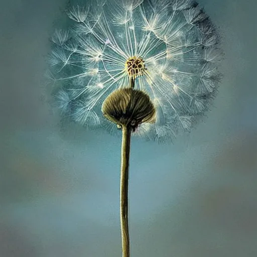 Prompt: a beautiful fairytale painting of a dandelion seed that is also a fairy. dreamy beautiful painting by greg rutkowski