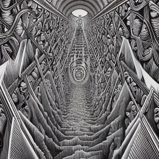 Prompt: descent into madness, MC Escher painting by Alex Grey