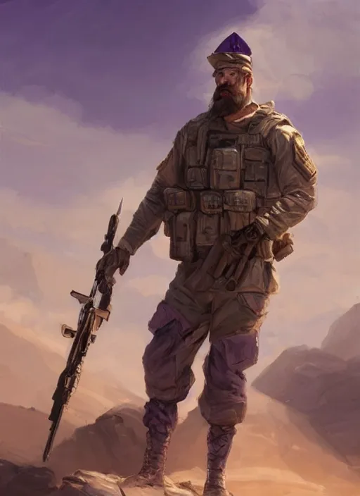 Image similar to purple scene lighting, detailed character portrait!!! concept art, strong muscular white male, soldier with beard, short hair, in a soldier uniform, desert with city in the background, sharp focus, illustration, highly detailed, digital painting, concept art, matte, art by wlop and artgerm and greg rutkowski, masterpiece