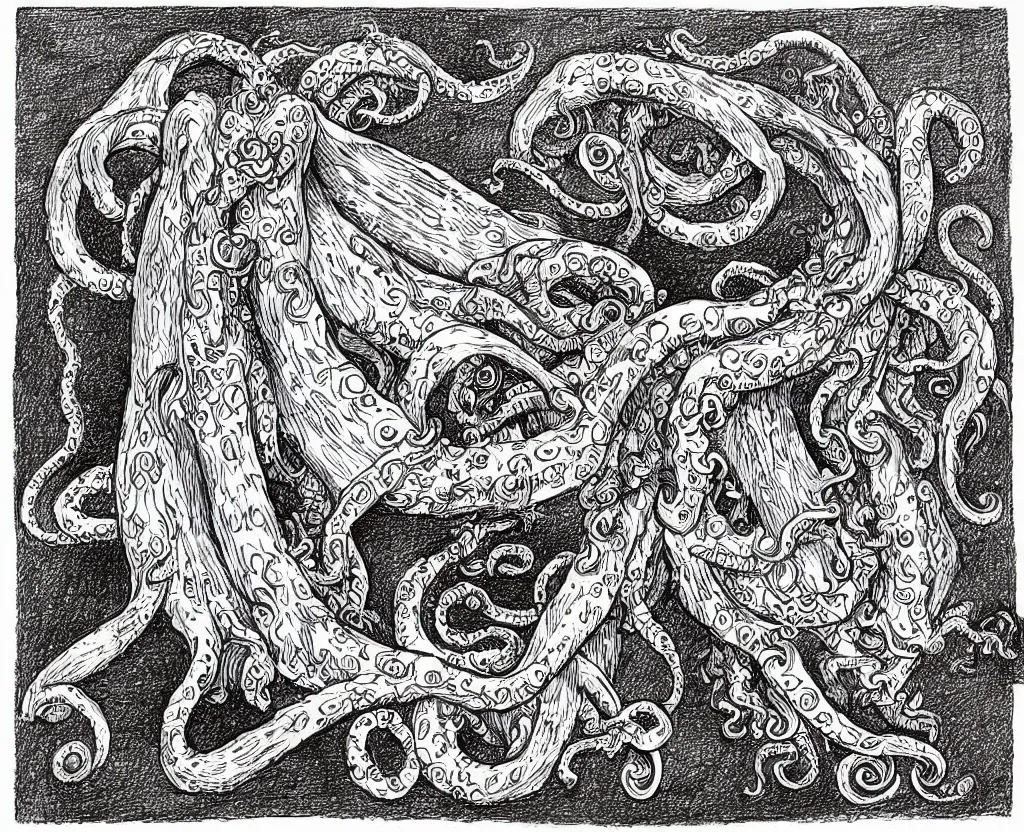 Image similar to a drawing of a large book with evil tentacles escaping from it, in the style of edward gorey