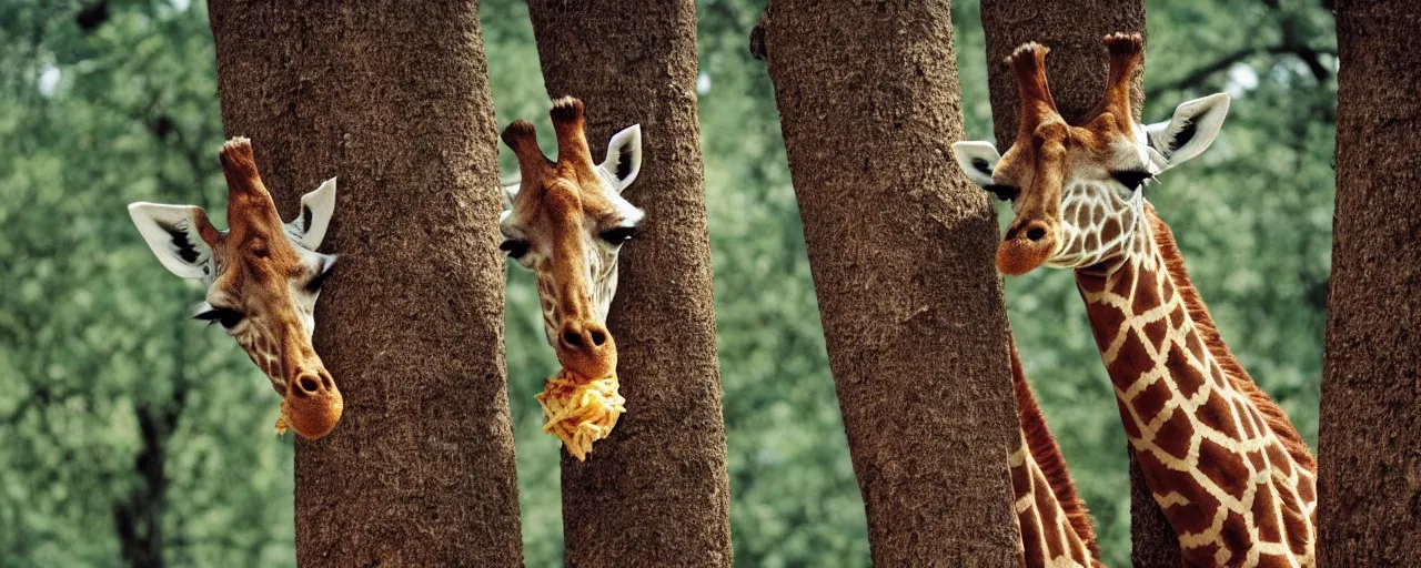 Image similar to a giraffe ( only 1 ) eating spaghetti off a tree, in the style of national geographic, canon 5 0 mm, kodachrome, retro, muted, visual noise