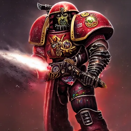 Prompt: a beautiful highly detailed matte painting of Warhammer 40k Space Marine Blood Ravens soldier