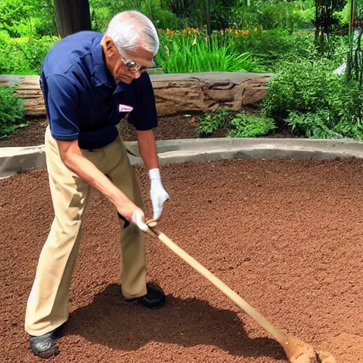Image similar to a photo of Anthony Fauci shoveling elephant poop at the zoo, he is dressed in a tan uniform