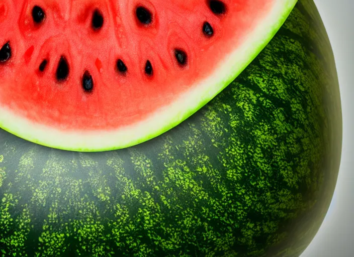 Image similar to photo still of a watermelon with human eyes and mouth, 8 k, studio lighting bright ambient lighting key light, 8 5 mm f 1. 8