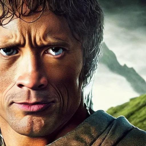 Image similar to dwayne the rock johnson as bilbo baggins, hobbit, lord of the rings, movie, photo, hyperdetailed, sharp focus,