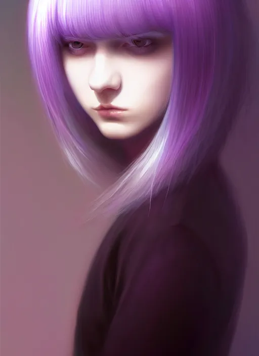 Image similar to hair whitebangs hair, black hair, blackbangswhitehair, portrait of teenage girl with white bangs, red irises, purple clothes, white bangs, bangs are different color from hair, intricate, elegant, glowing lights, highly detailed, digital painting, artstation, concept art, sharp focus, illustration, art by wlop, mars ravelo and greg rutkowski