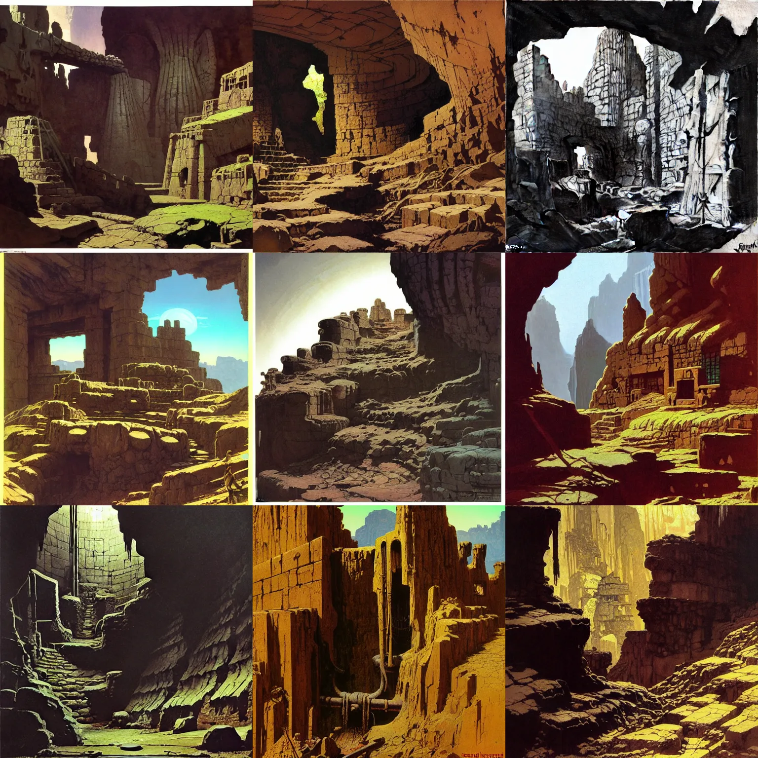 Prompt: ancient abandoned dwarven mine by syd mead, frank frazetta, ken kelly, simon bisley, richard corben, william - adolphe bouguereau