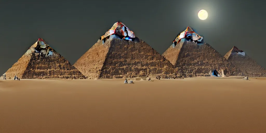 Image similar to meteorite impact the pyramids, greg rutkowski, 8 k, shallow depth of field, full moon, ultra high detail, concept art,