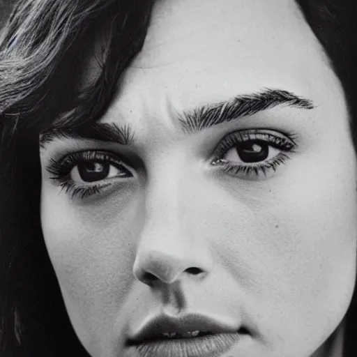 Image similar to photo of Gal Gadot by Diane Arbus, extreme closeup, black and white, high contrast, Rolleiflex, 55mm f/4 lens