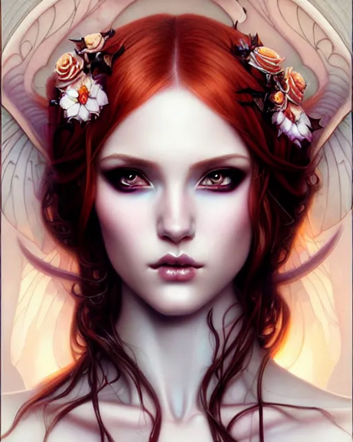 Prompt: succubus beautiful sexy ethereal ginger portrait, art nouveau, fantasy, intricate flower designs, elegant, highly detailed, sharp focus, art by Artgerm and Greg Rutkowski and WLOP