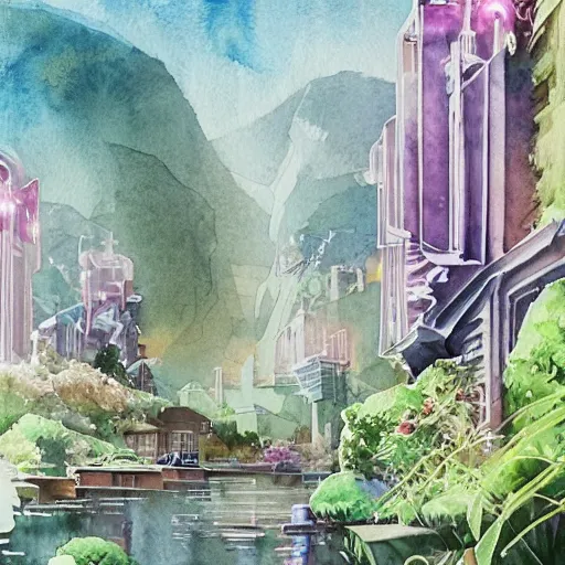 Image similar to Beautiful happy picturesque charming sci-fi town in harmony with nature. Beautiful light. Water and plants. Nice colour scheme, soft warm colour. Beautiful detailed artistic watercolor by Lurid. (2022)