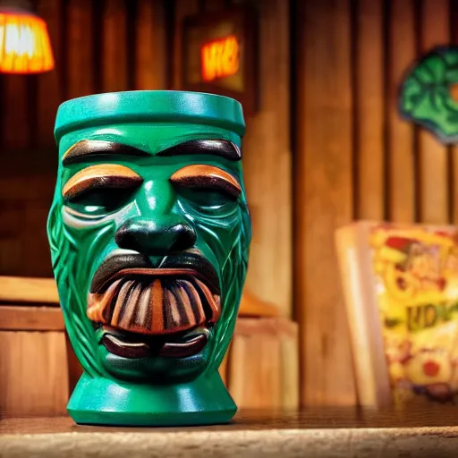 Prompt: a photorealistic photograph of a Trader Vic's tiki mug in the style of Snoop Dogg at a tiki bar - Trending on Artstation, featured on Behance, well-rendered, Unreal Engine, 4K HD