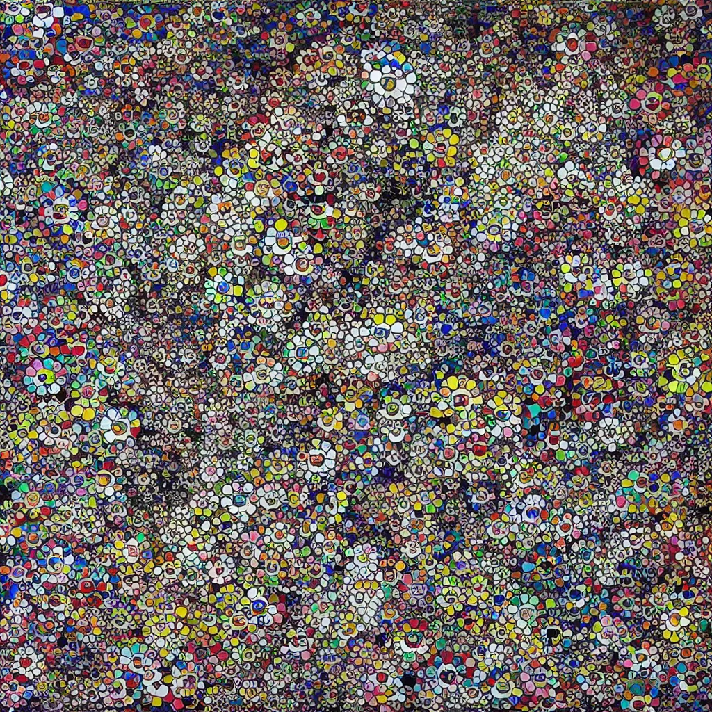 Image similar to camouflage made of love, takashi murakami artwork, abstract, rei kawakubo artwork, cryptic, stipple, lines, splotch, color tearing, pitch bending, lines, blotches, color splotches, dark, ominous, abstract, minimal, points, technical, painting