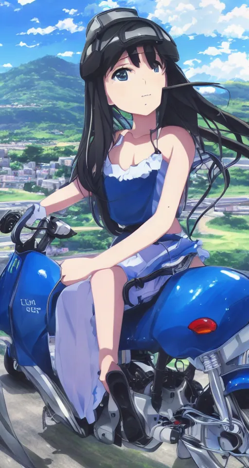 Prompt: close up of a high definition anime girl in a blue honda c90 with armenia quindio in the background , Artwork by Makoto Shinkai, pixiv, 8k, official media, wallpaper, hd