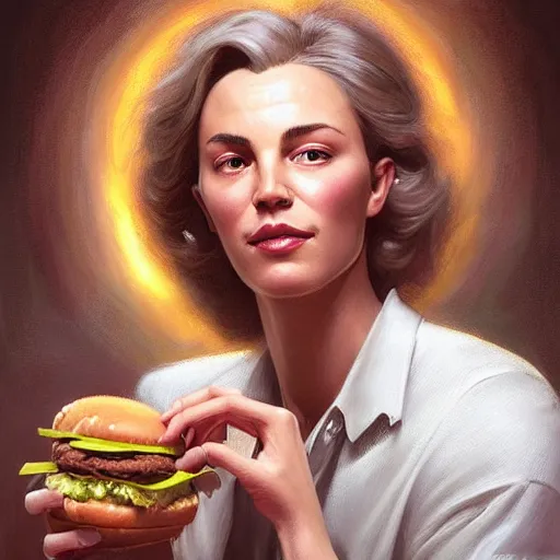 Prompt: portrait of Tony Blair eating hamburgers, extra onions and ketchup, luscious patty with sesame seeds, feminine ethereal, handsome, D&D, fantasy, intricate, elegant, highly detailed, digital painting, artstation, concept art, matte, sharp focus, illustration, art by Artgerm and Greg Rutkowski and Alphonse Mucha