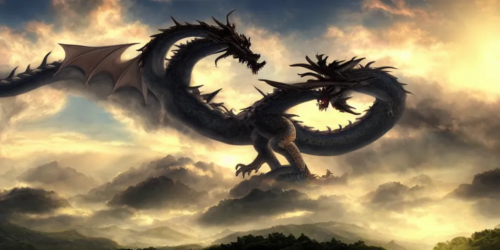 Prompt: ''giant dragon, long dragon, in the clouds, beautiful sky and sun shine, fantasy artwork, very beautiful scenery, cinematic shot, ultra detailed, by popular digital, details, beautiful art, high resolution, 8 k, artstation''